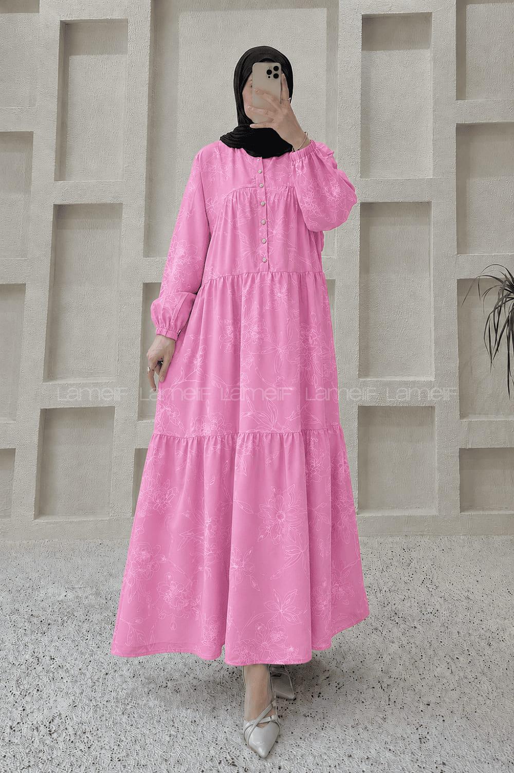 Lamelif Çiçek Desenli Gold Düğmeli Elbise Pembe