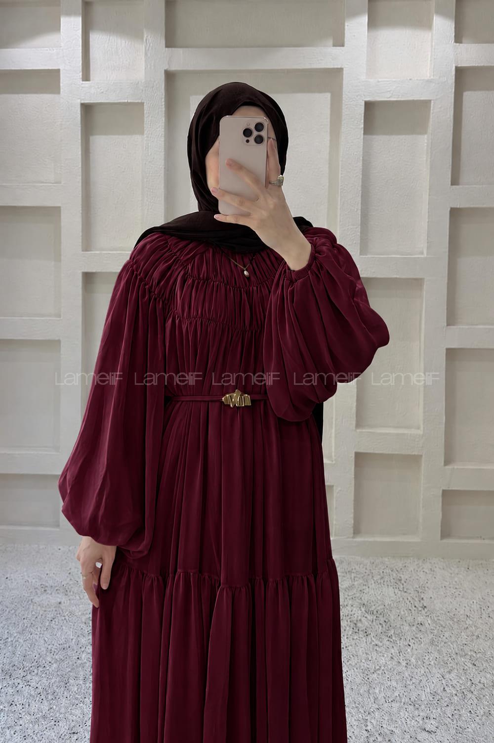 Lamelif Kat Detaylı Şifon Elbise Bordo