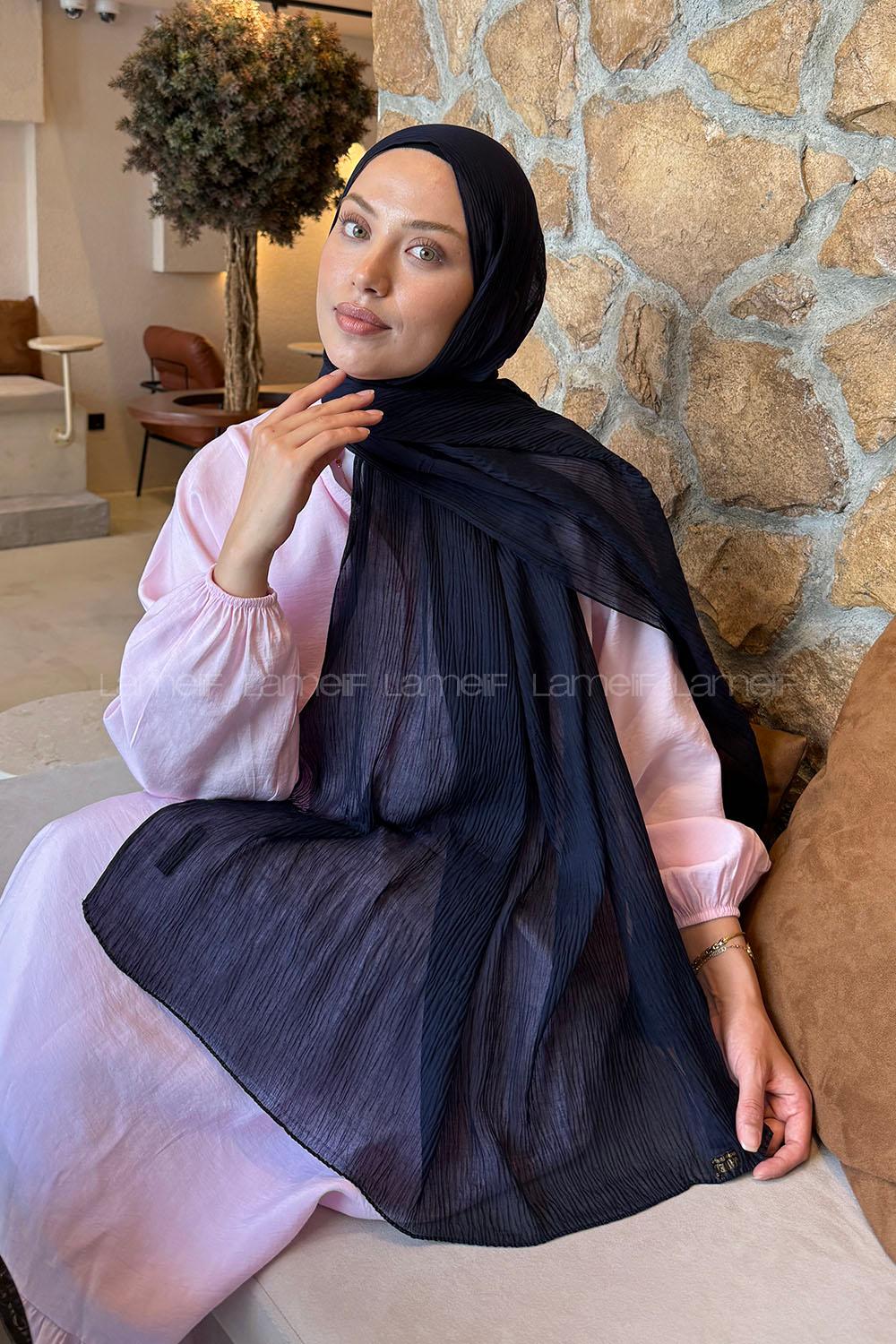 Lamelif  Müslin Krinkıl Şal Lacivert