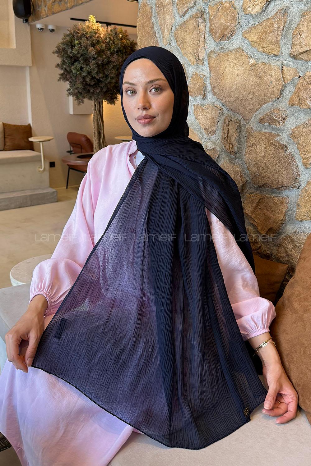 Lamelif  Müslin Krinkıl Şal Lacivert
