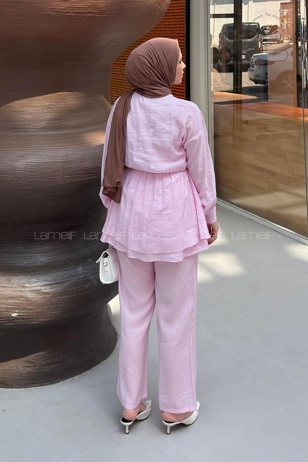 Lamelif Charm Düğme Kapamalı Pantolon Takım Pembe