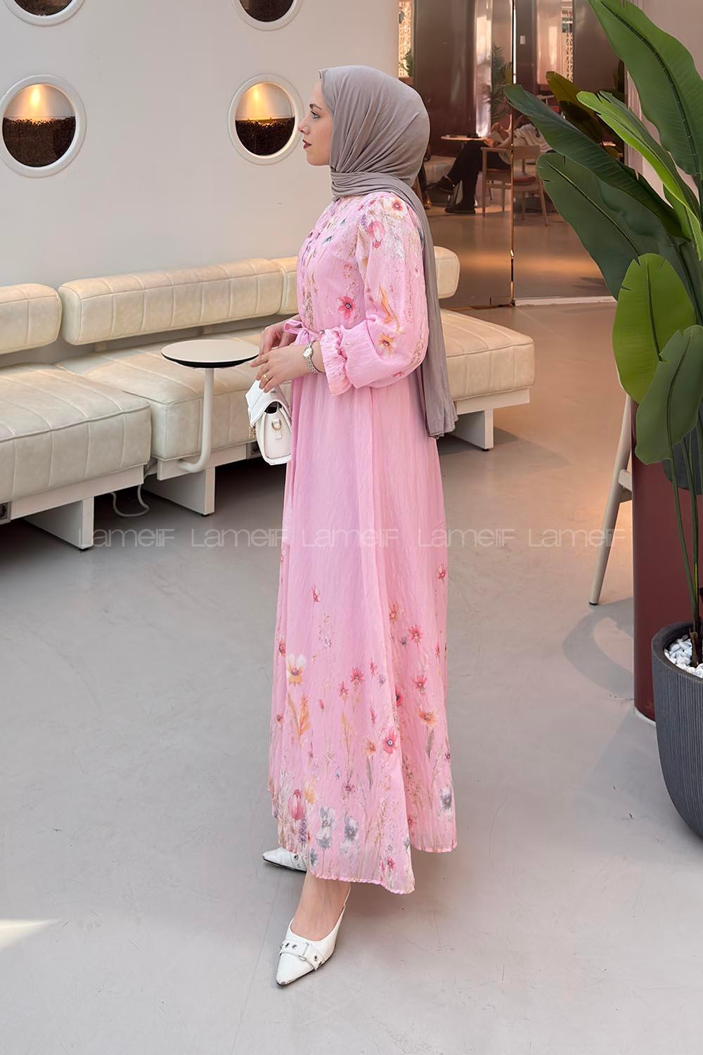 Lamelif Çiçek Baskılı Bağlama Detaylı Tesettür Elbise Pembe