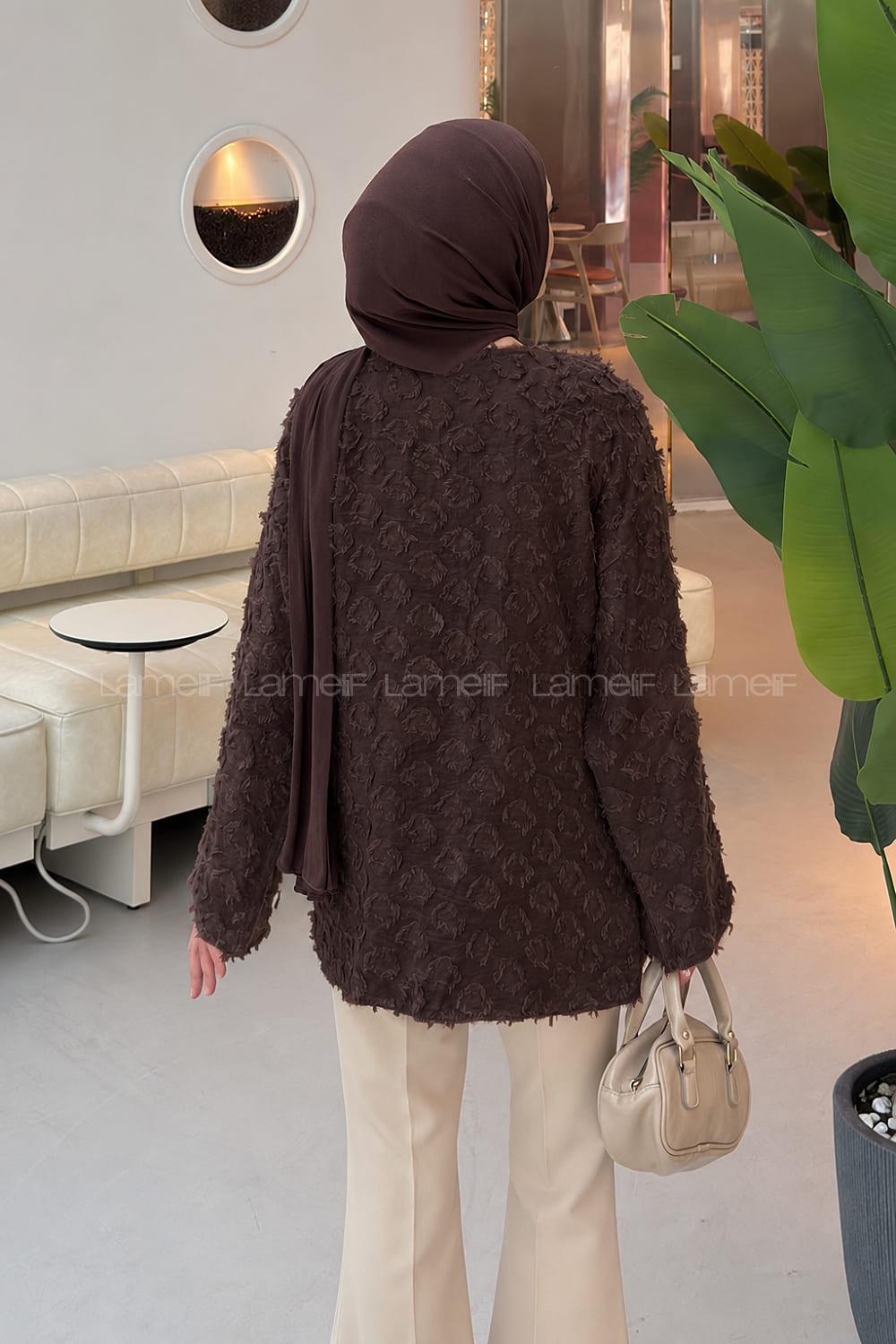 Lamelif Fırfırlı Kabartma Dokulu Tunik Acı Kahve
