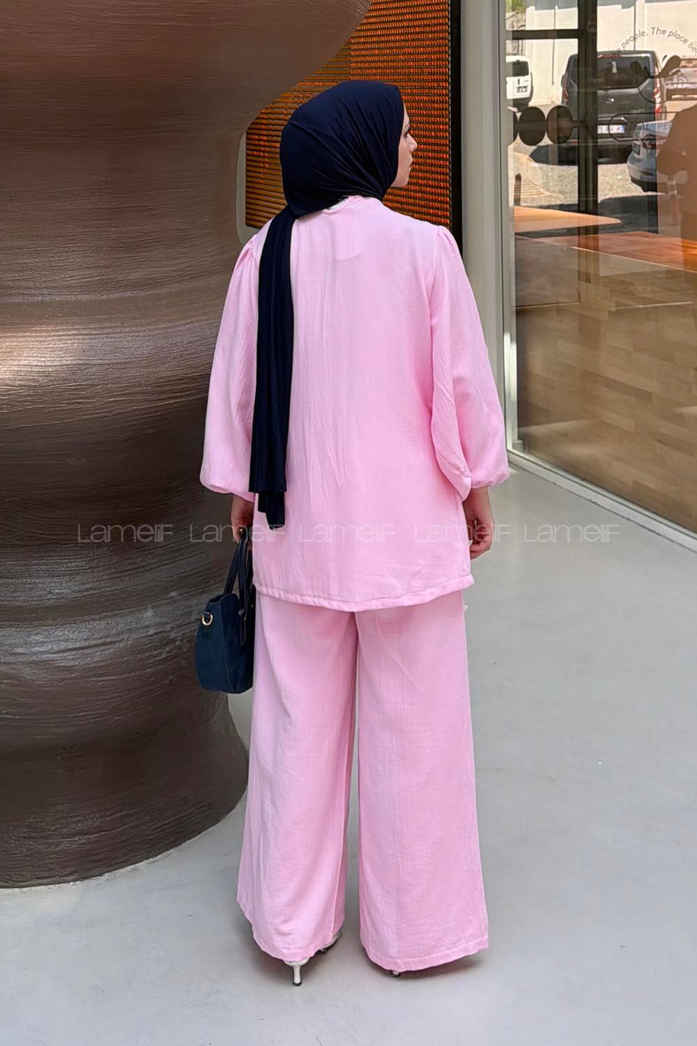 Lamelif Tünel Detaylı Pantolonlu Müslin Takım Pembe