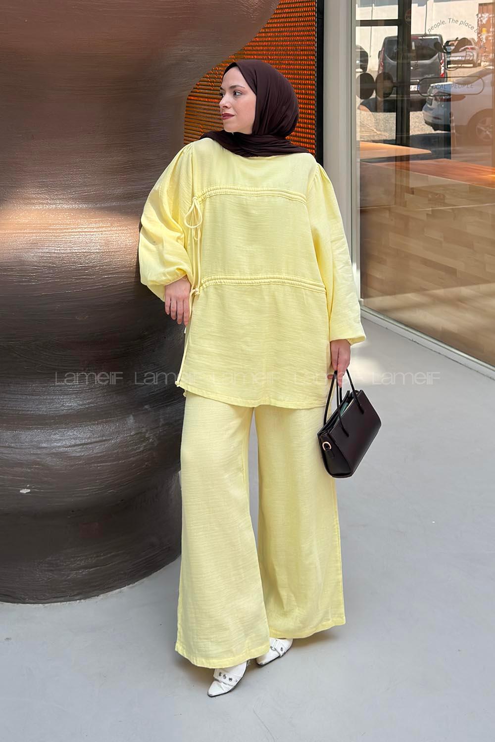 Lamelif Tünel Detaylı Pantolonlu Müslin Takım Sarı