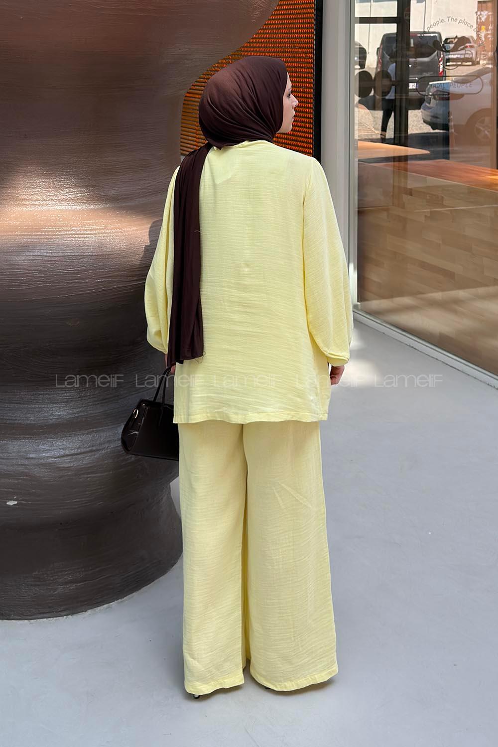 Lamelif Tünel Detaylı Pantolonlu Müslin Takım Sarı
