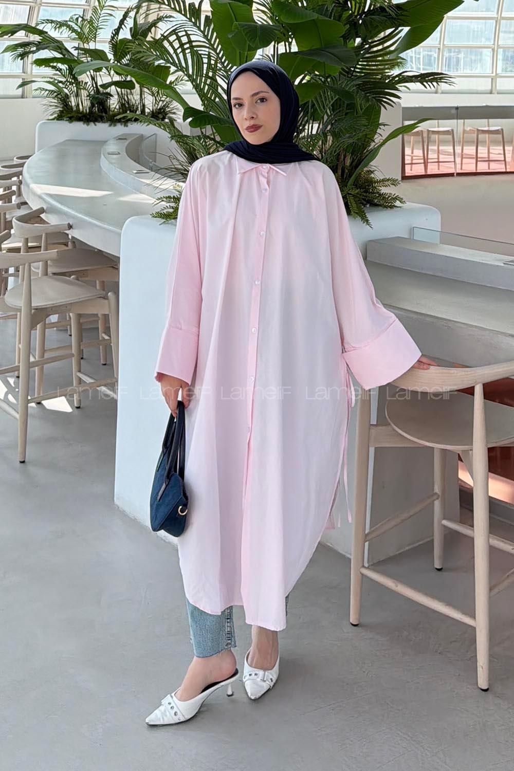Lamelif Yırtmaç Detaylı Uzun Tunik Pembe