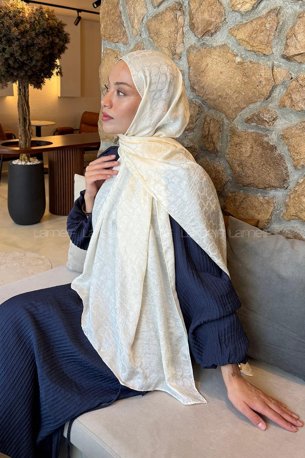 Lamelif  Bloom Desen Ayrobin Floş Jakar  Şal Krem