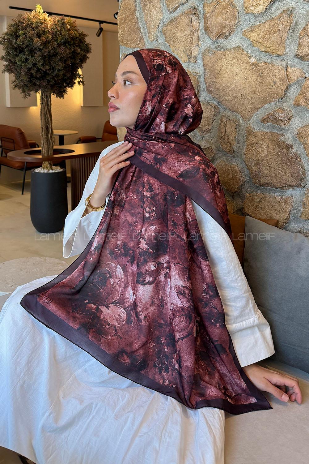 Lamelif Çiçek Desen Lara Soft Şal Bordo