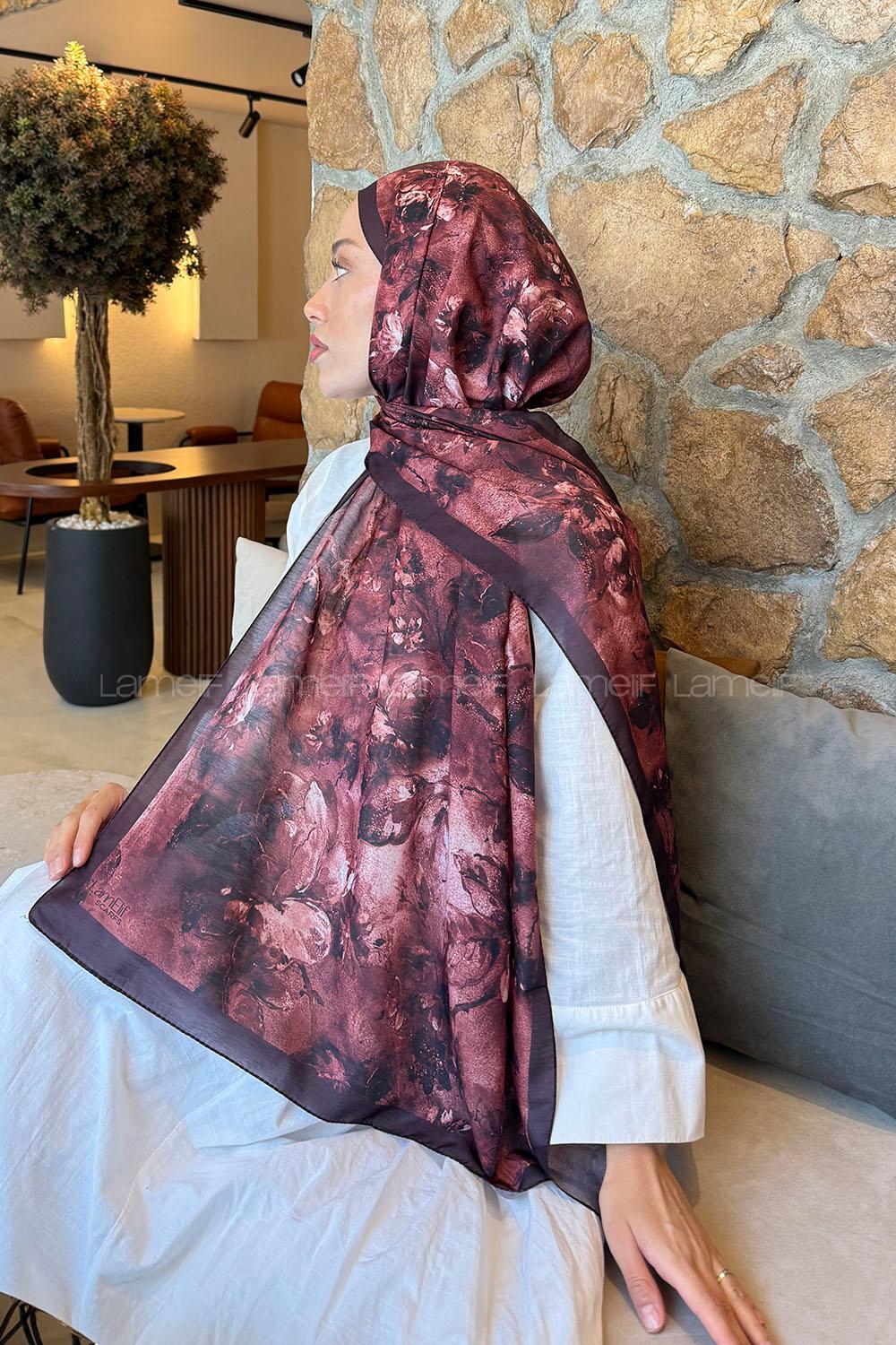 Lamelif Çiçek Desen Lara Soft Şal Bordo