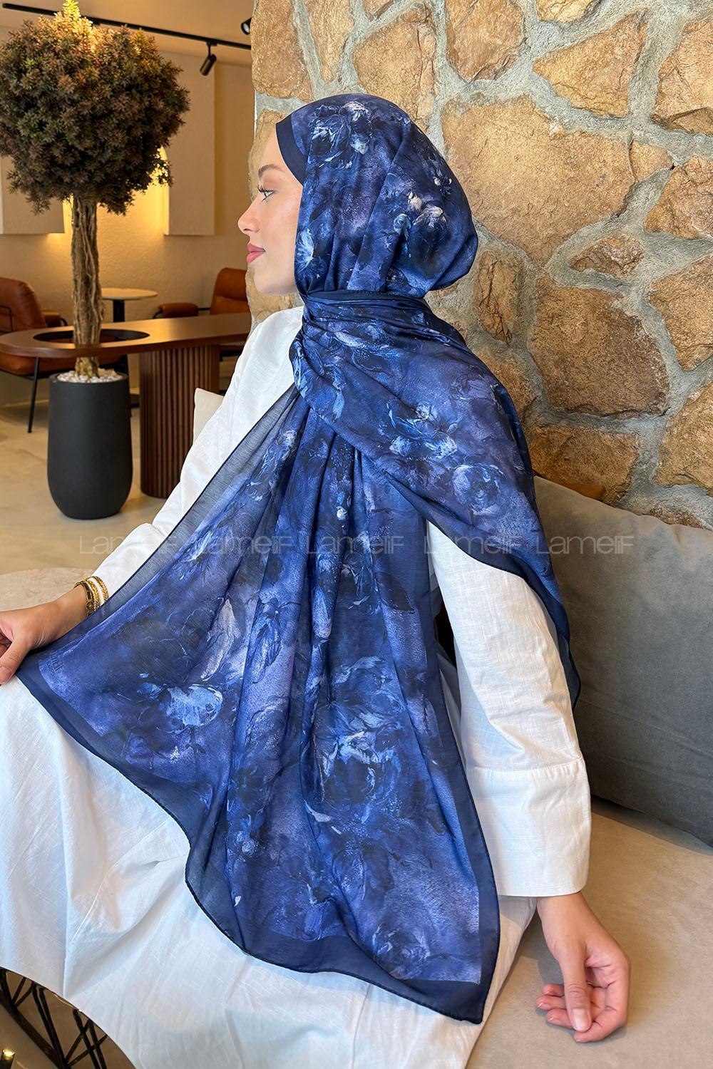 Lamelif Çiçek Desen Lara Soft Şal Lacivert