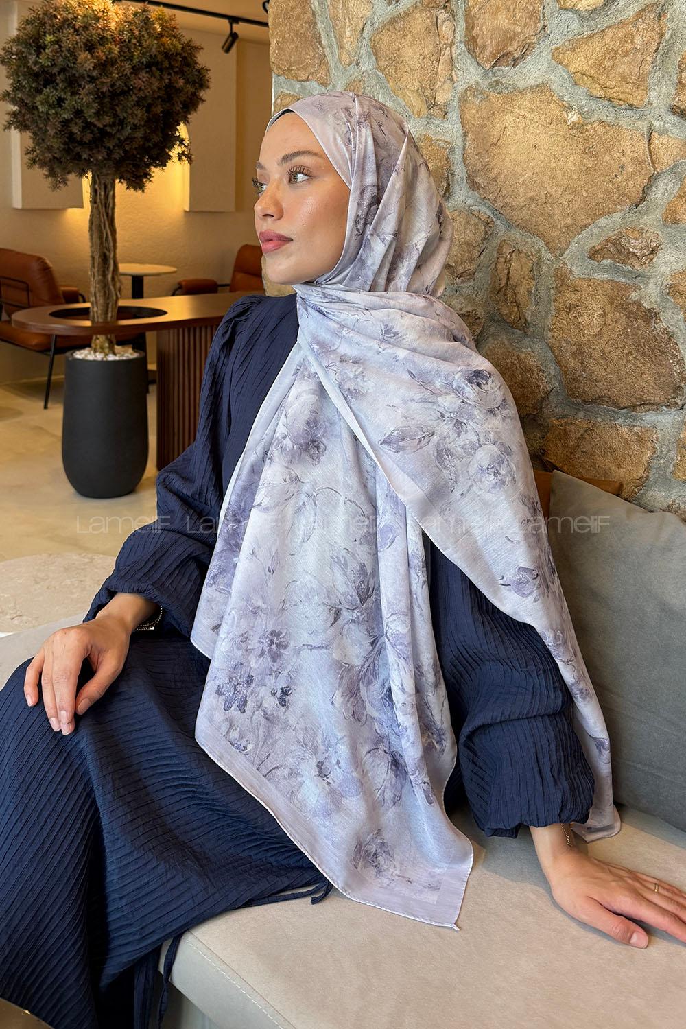 Lamelif Çiçek Desen Lara Soft Şal Lila