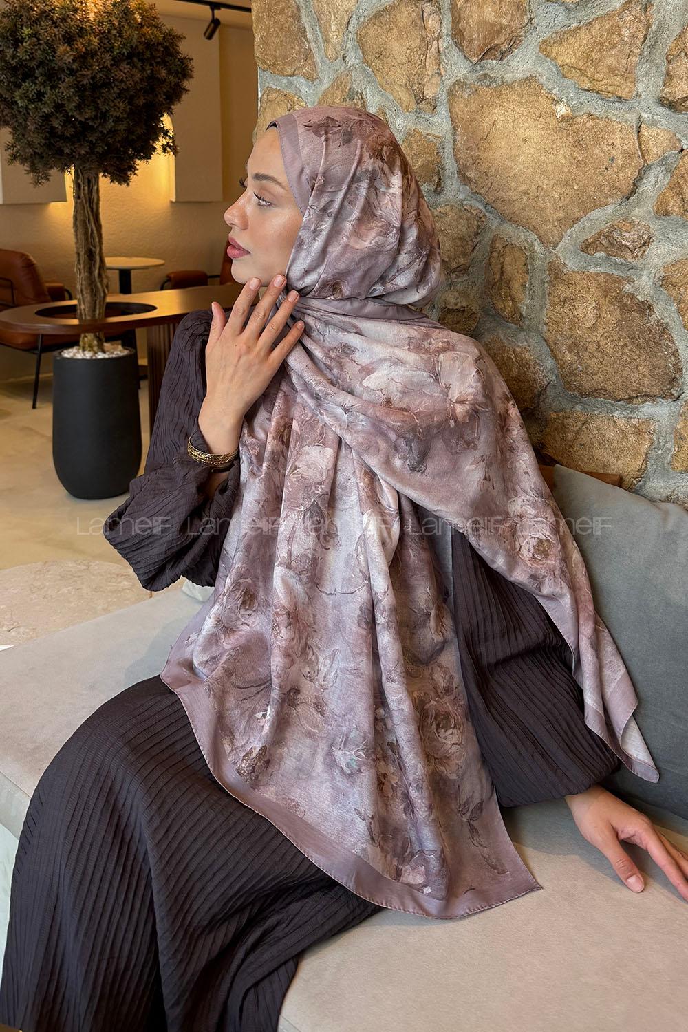 Lamelif Çiçek Desen Lara Soft Şal Soft Kahve