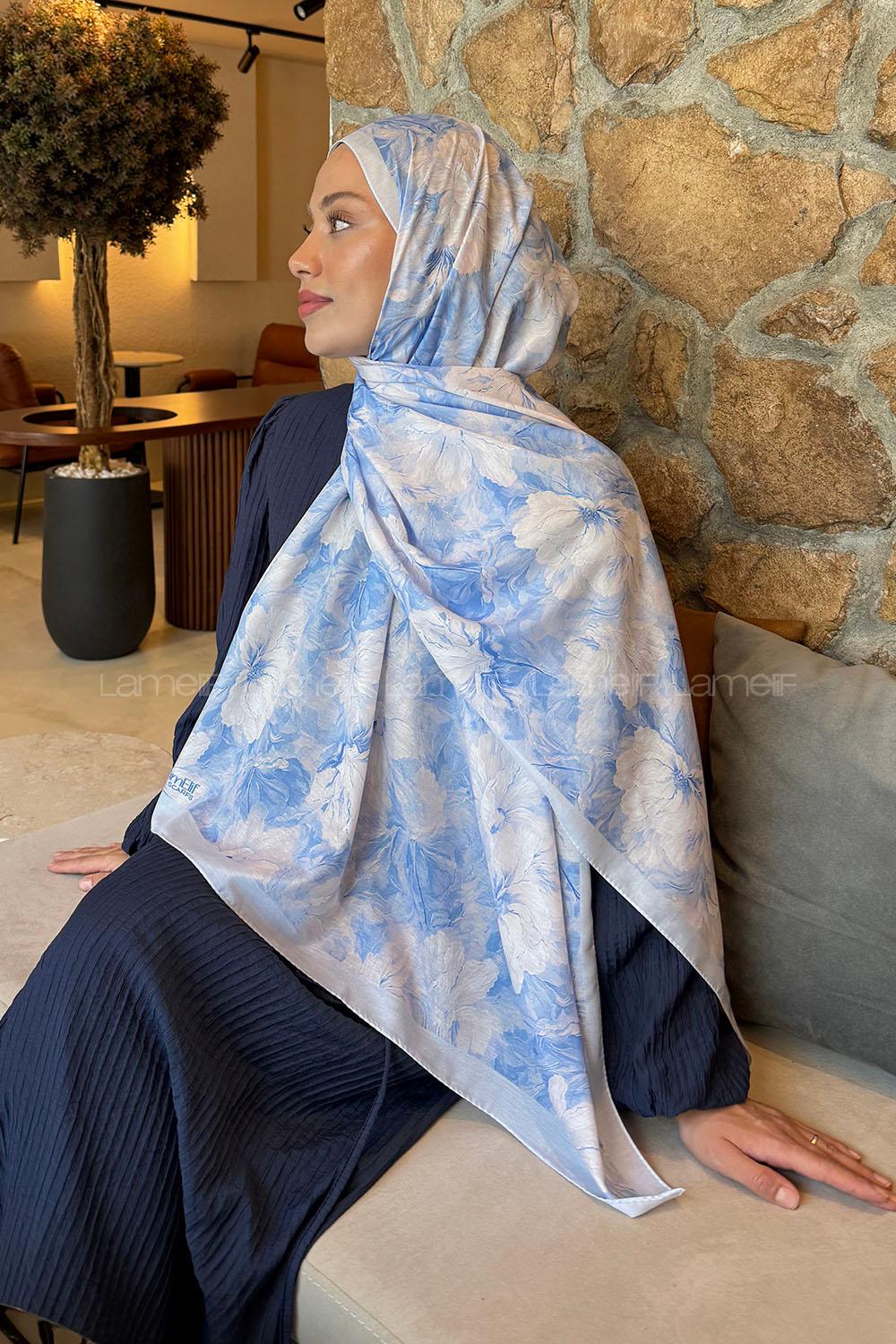 Lamelif Floral Desen Lara Soft Şal Bebe Mavisi
