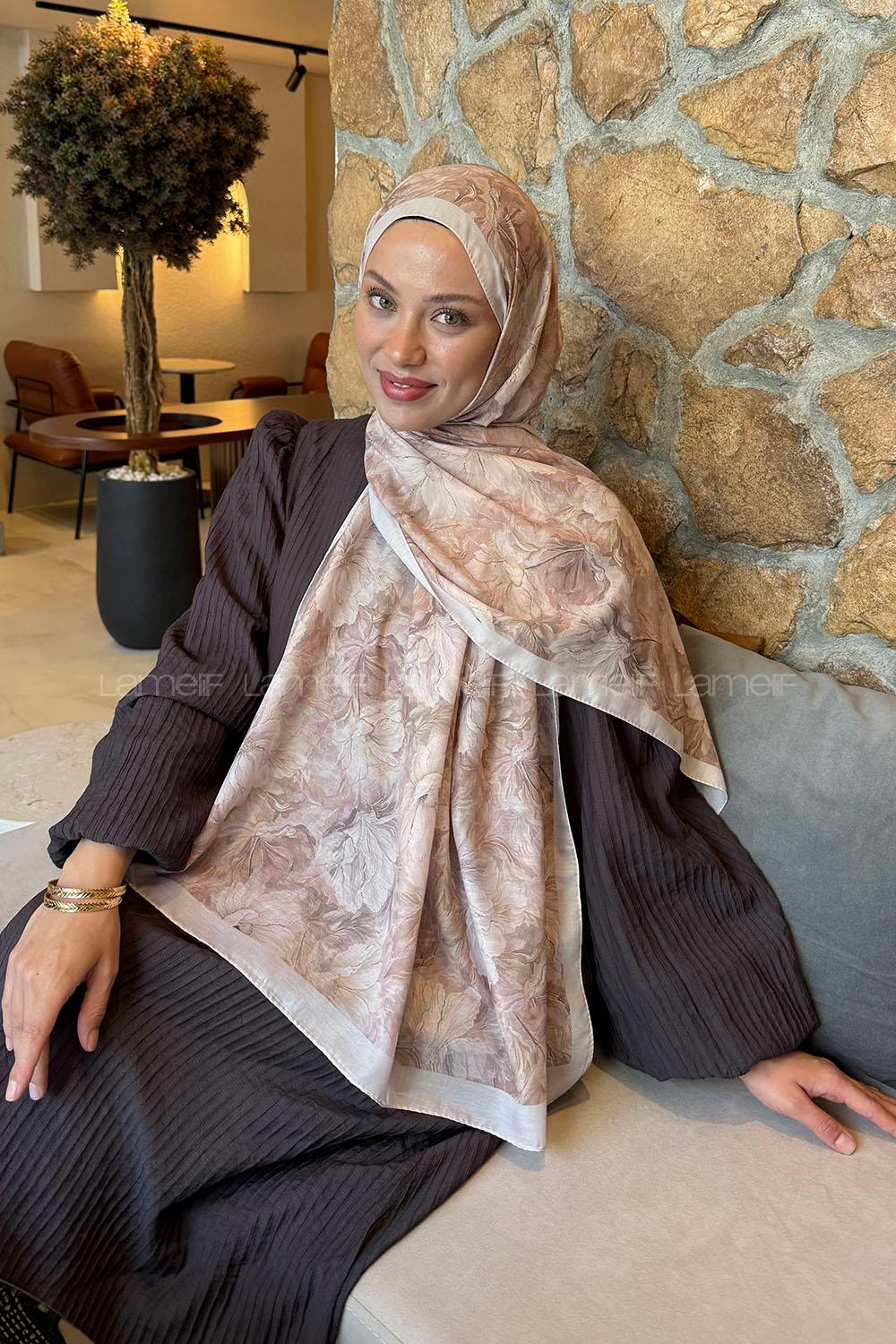 Lamelif Floral Desen Lara Soft Şal Bej