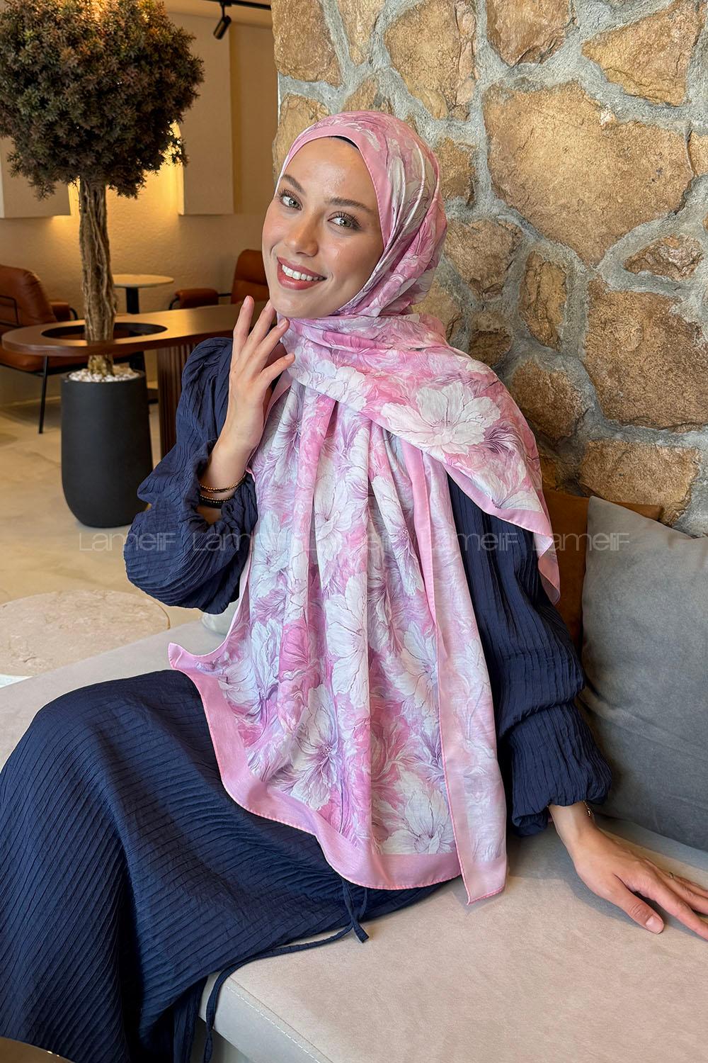 Lamelif Floral Desen Lara Soft Şal Şeker Pembe