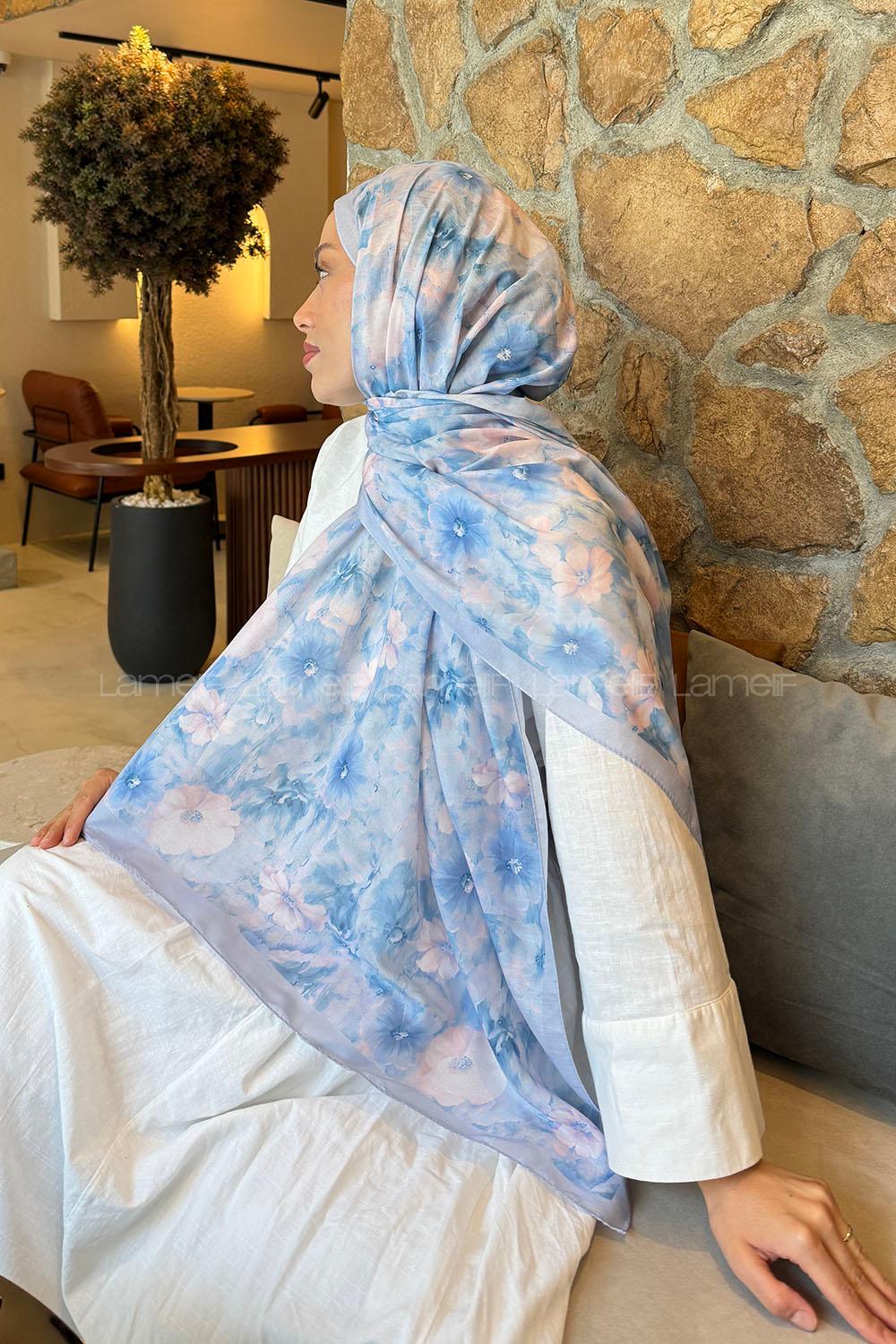 Lamelif Flower Desen Lara Soft Şal Bebe Mavisi