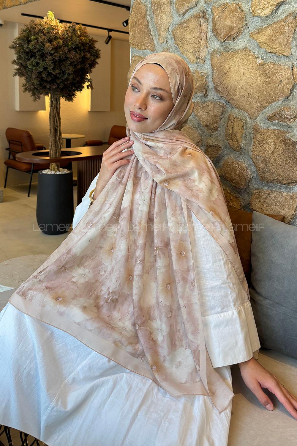 Lamelif Flower Desen Lara Soft Şal Bej