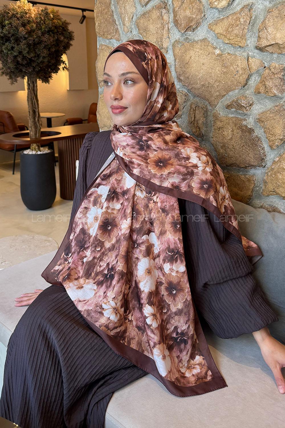 Lamelif Flower Desen Lara Soft Şal Kahverengi