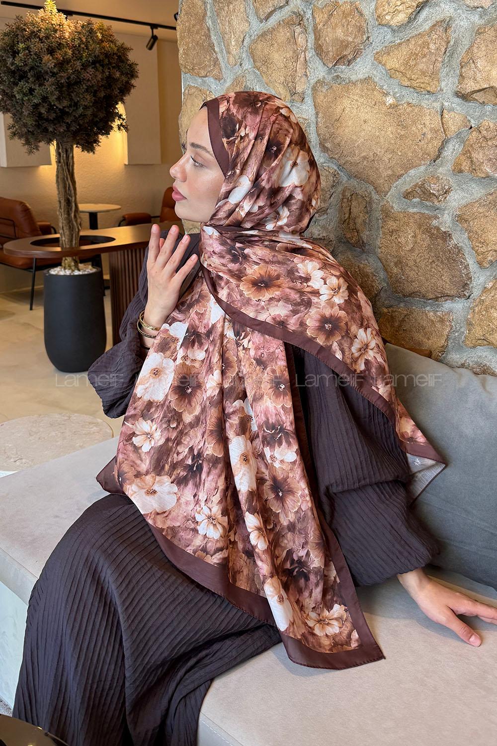 Lamelif Flower Desen Lara Soft Şal Kahverengi