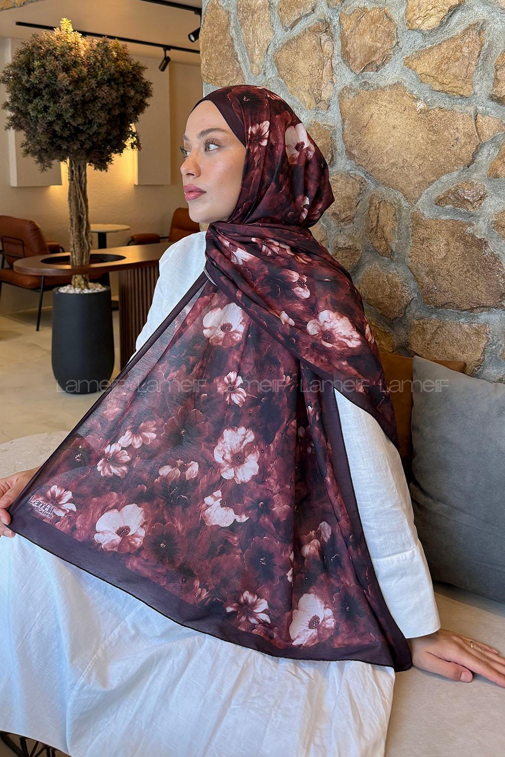 Lamelif Flower Desen Lara Soft Şal Koyu Bordo