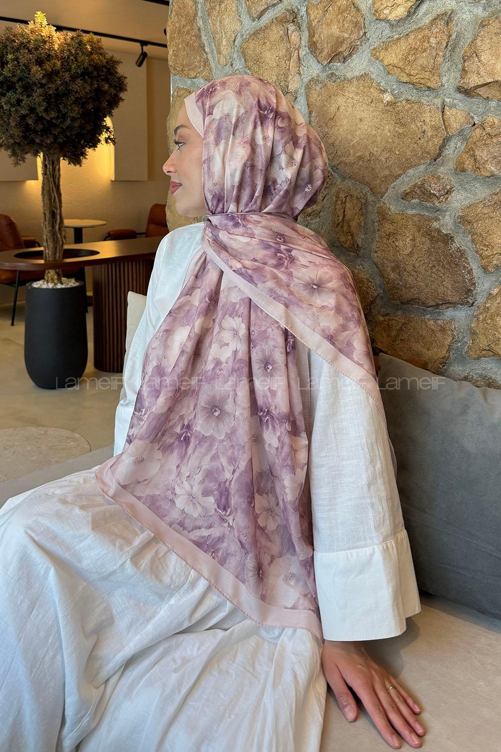Lamelif Flower Desen Lara Soft Şal Lila