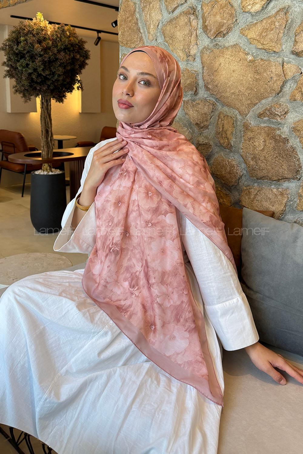 Lamelif Flower Desen Lara Soft Şal Pudra