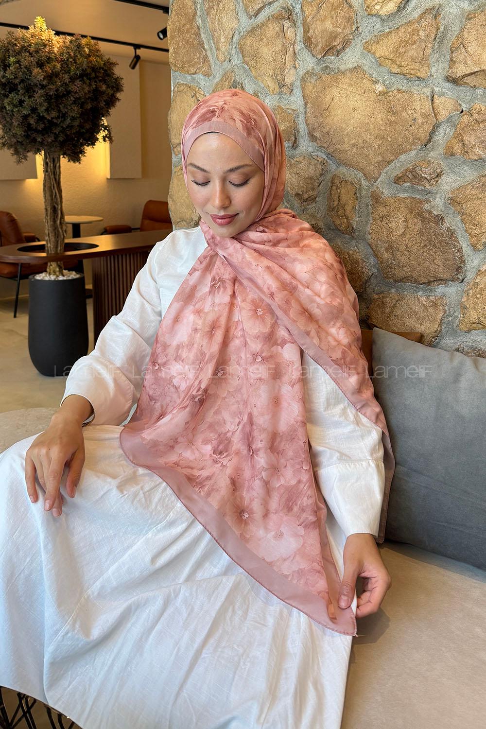 Lamelif Flower Desen Lara Soft Şal Pudra