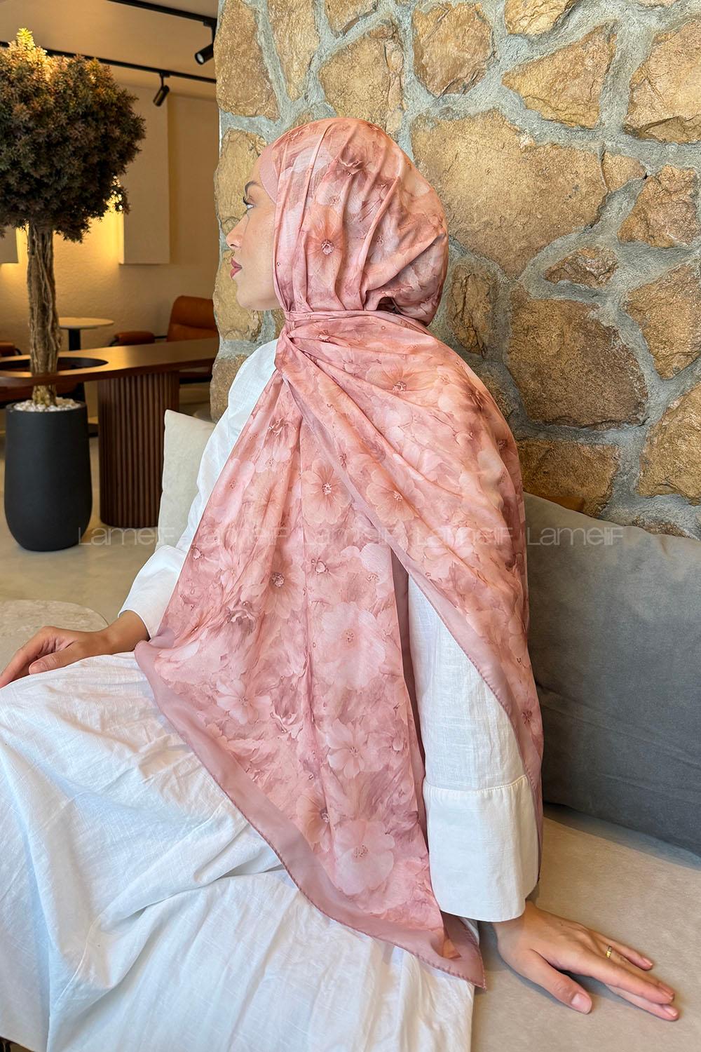 Lamelif Flower Desen Lara Soft Şal Pudra