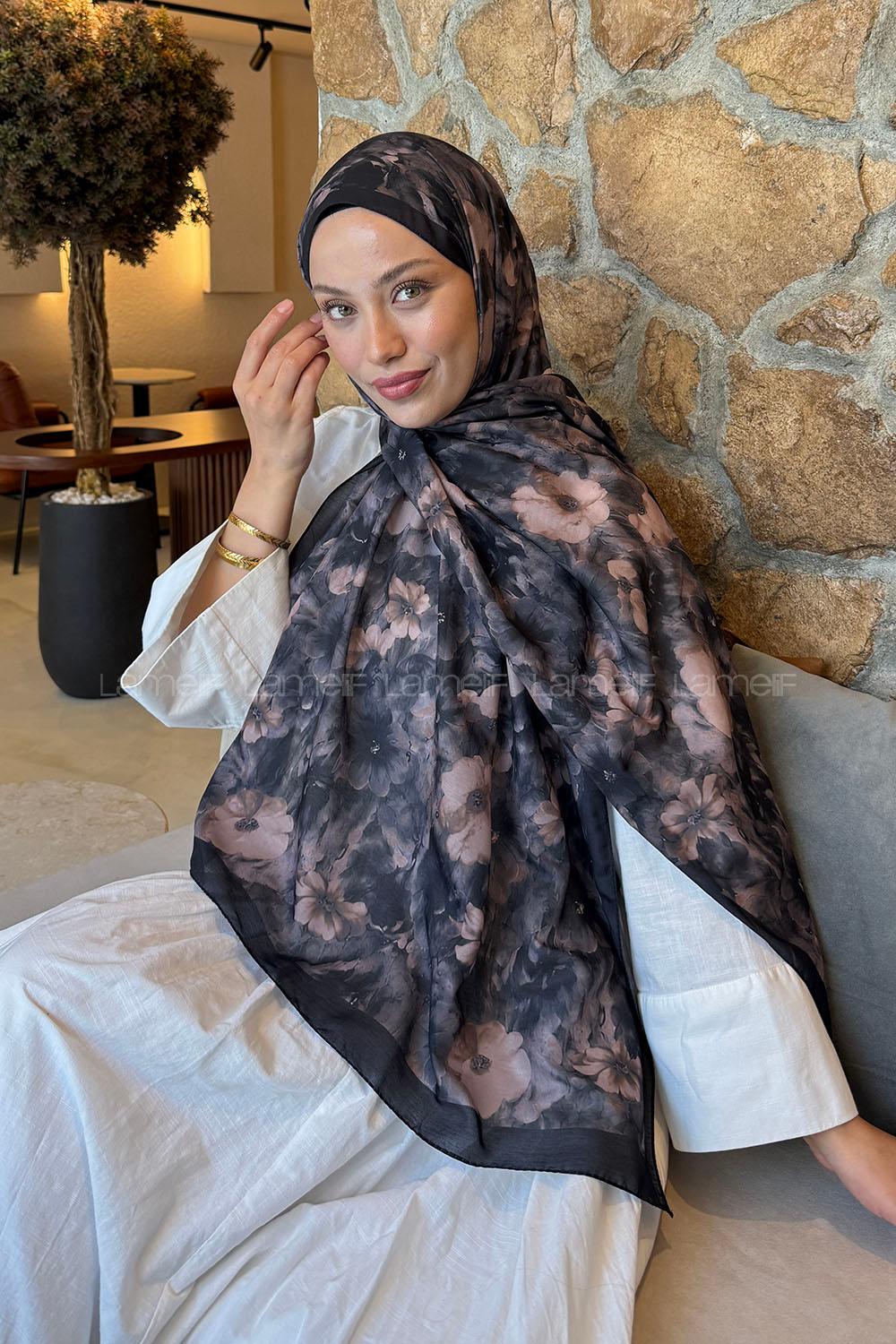 Lamelif Flower Desen Lara Soft Şal Siyah