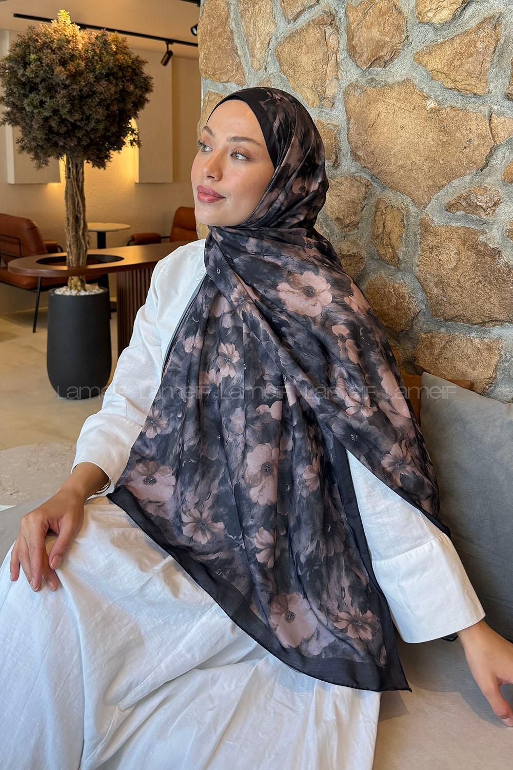 Lamelif Flower Desen Lara Soft Şal Siyah