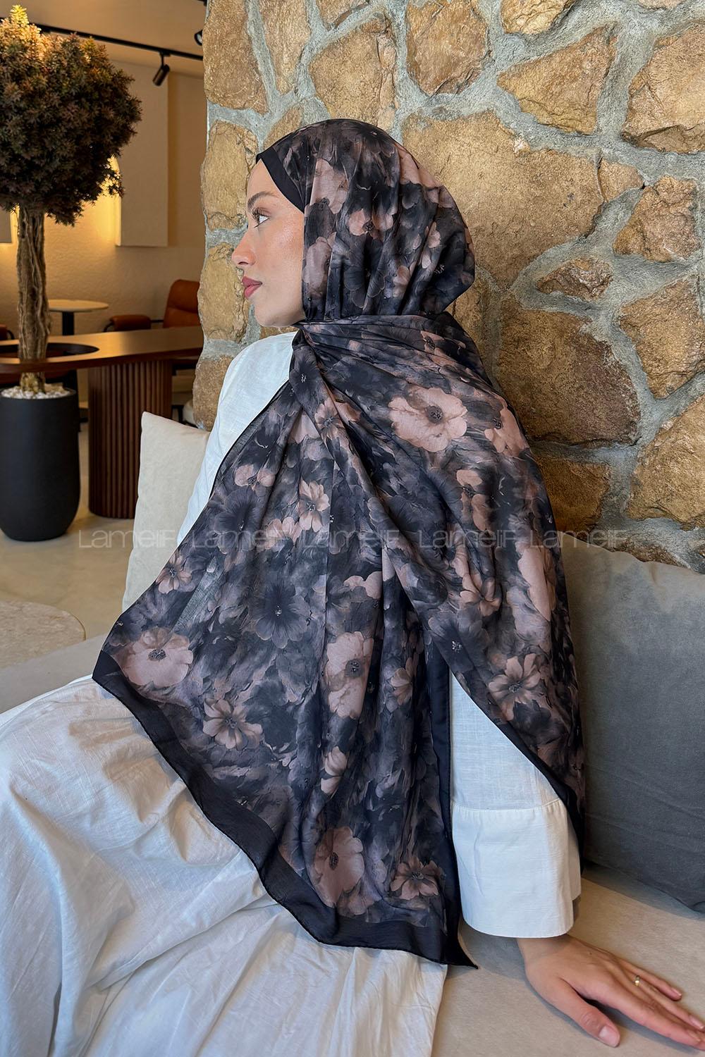 Lamelif Flower Desen Lara Soft Şal Siyah