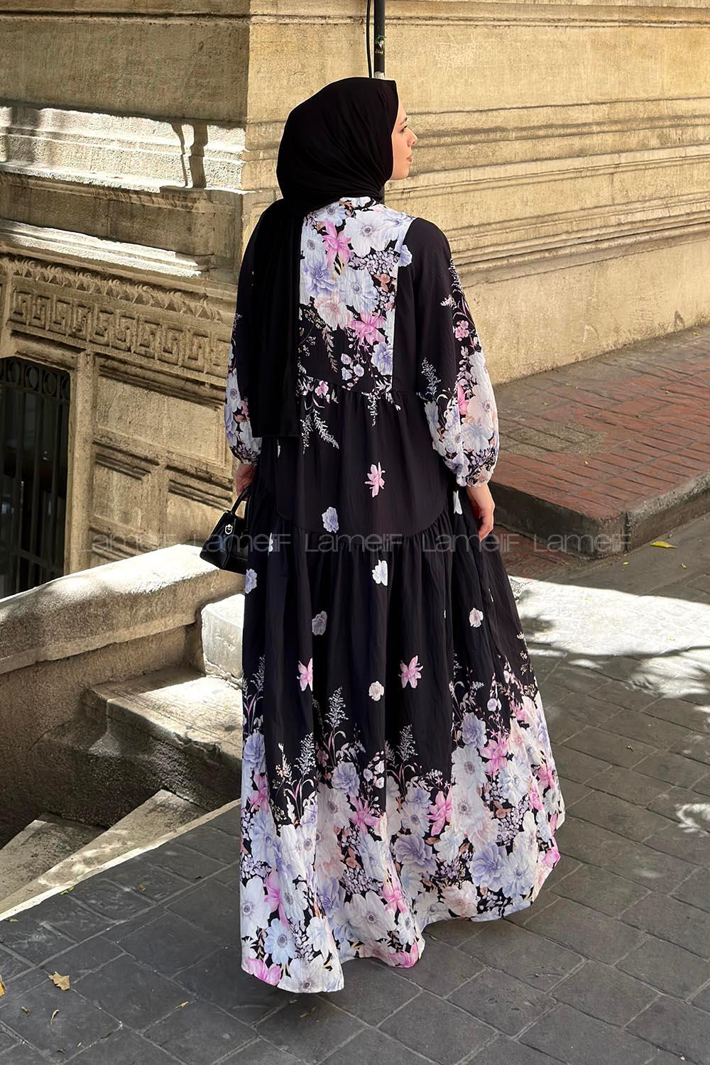 Lamelif Çiçek Detaylı Elbise Siyah