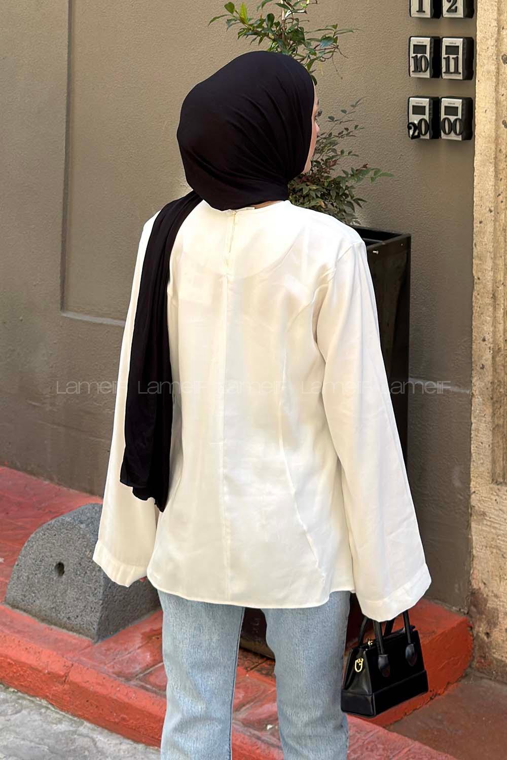 Lamelif Sırt Bağlama Detaylı Tensel Gömlek Beyaz