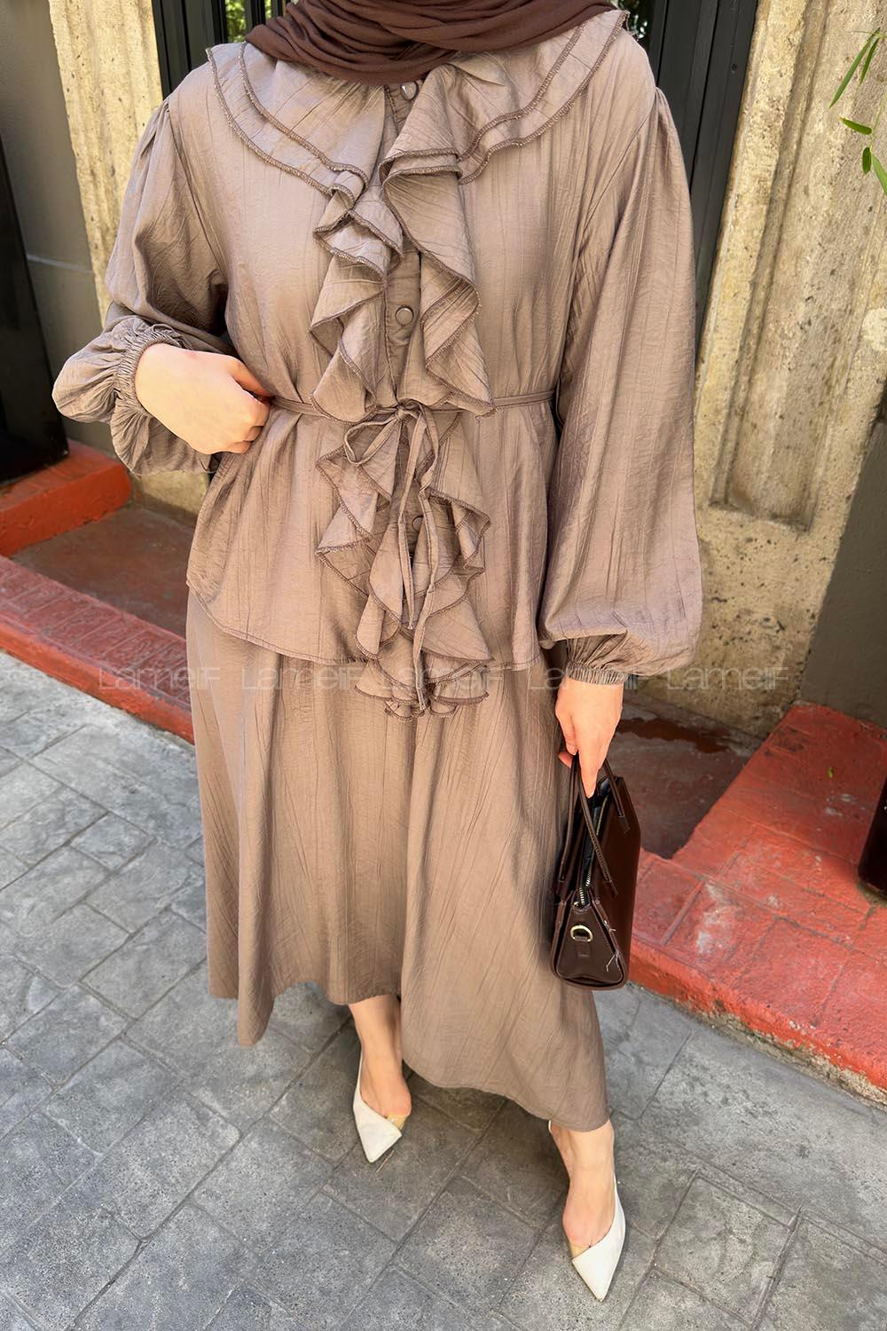 Lamelif Volan Detaylı Bağlamalı Etekli Takım Vizonrengi