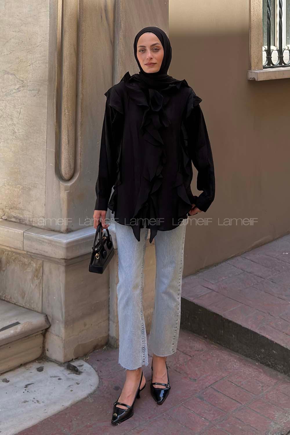 Black Mandarin Collar Long Arm Cotton Unprinted Shirt
