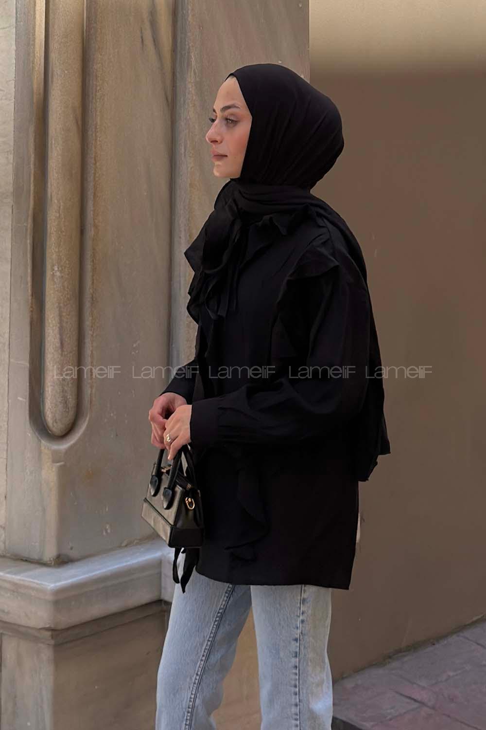 Black Mandarin Collar Long Arm Cotton Unprinted Shirt