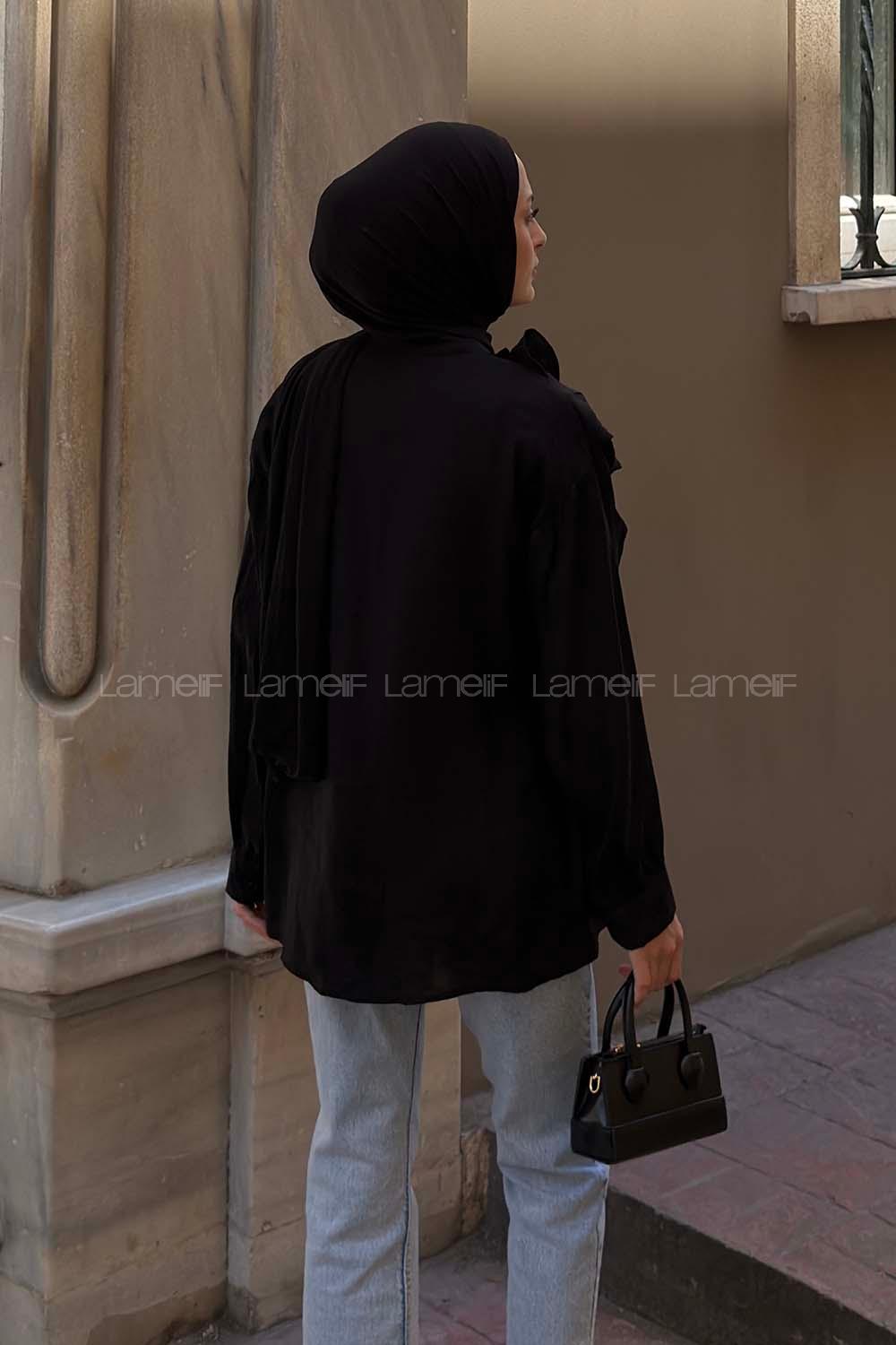 Black Mandarin Collar Long Arm Cotton Unprinted Shirt