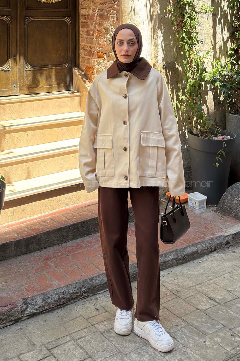 Brown Beige Shirt Collar Long Arm Cotton Jacket