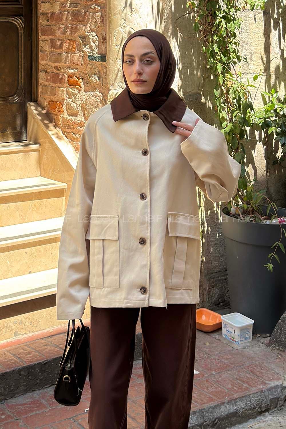 Brown Beige Shirt Collar Long Arm Cotton Jacket