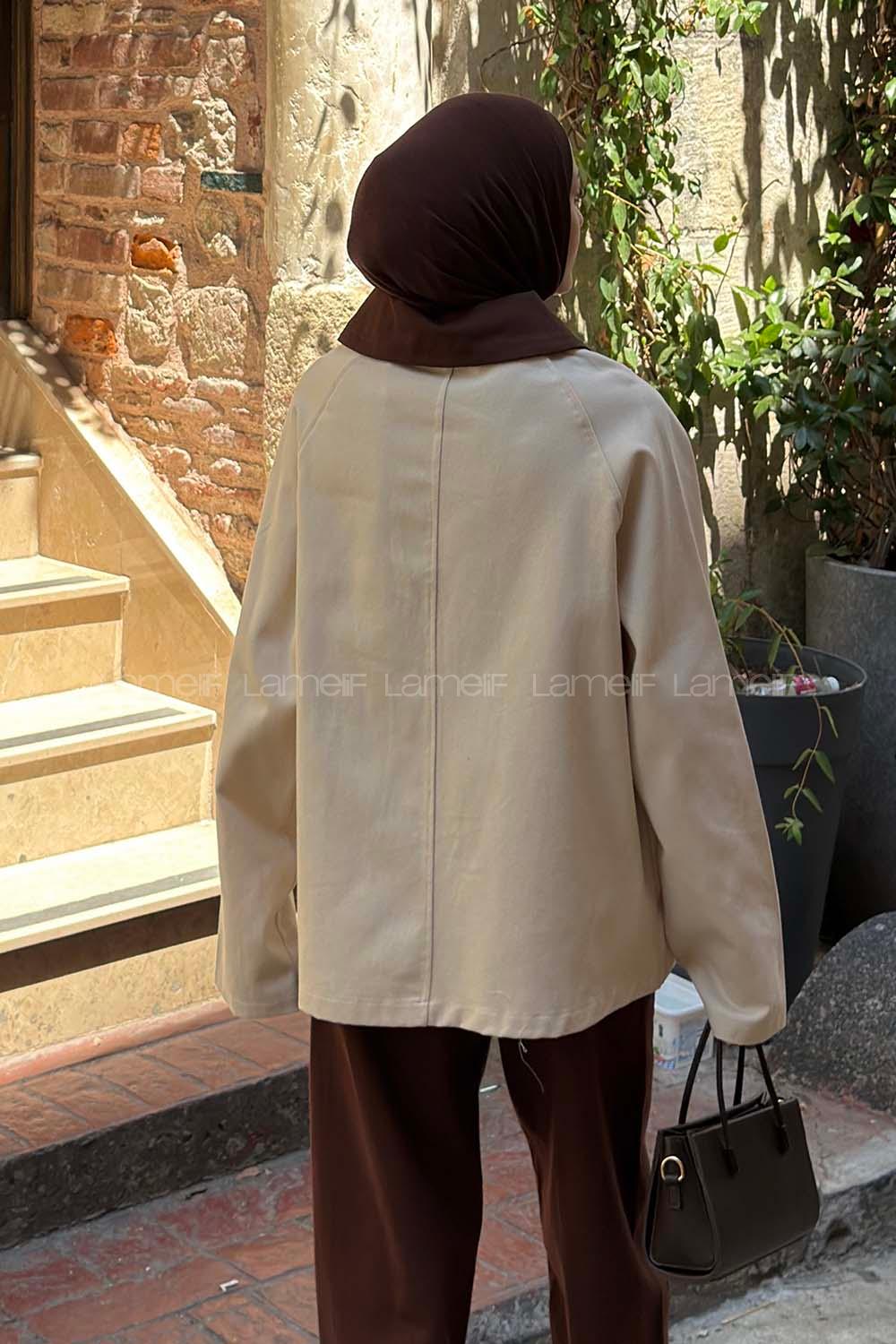Brown Beige Shirt Collar Long Arm Cotton Jacket