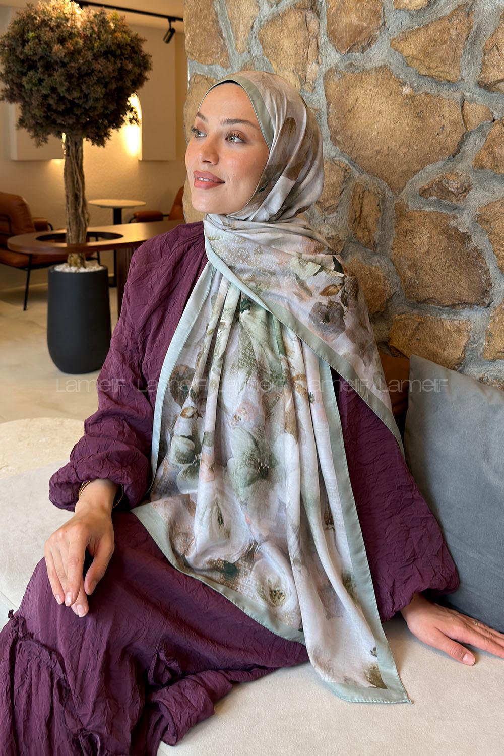 Lamelif Zambak Desen Lara Soft Şal Adaçayı
