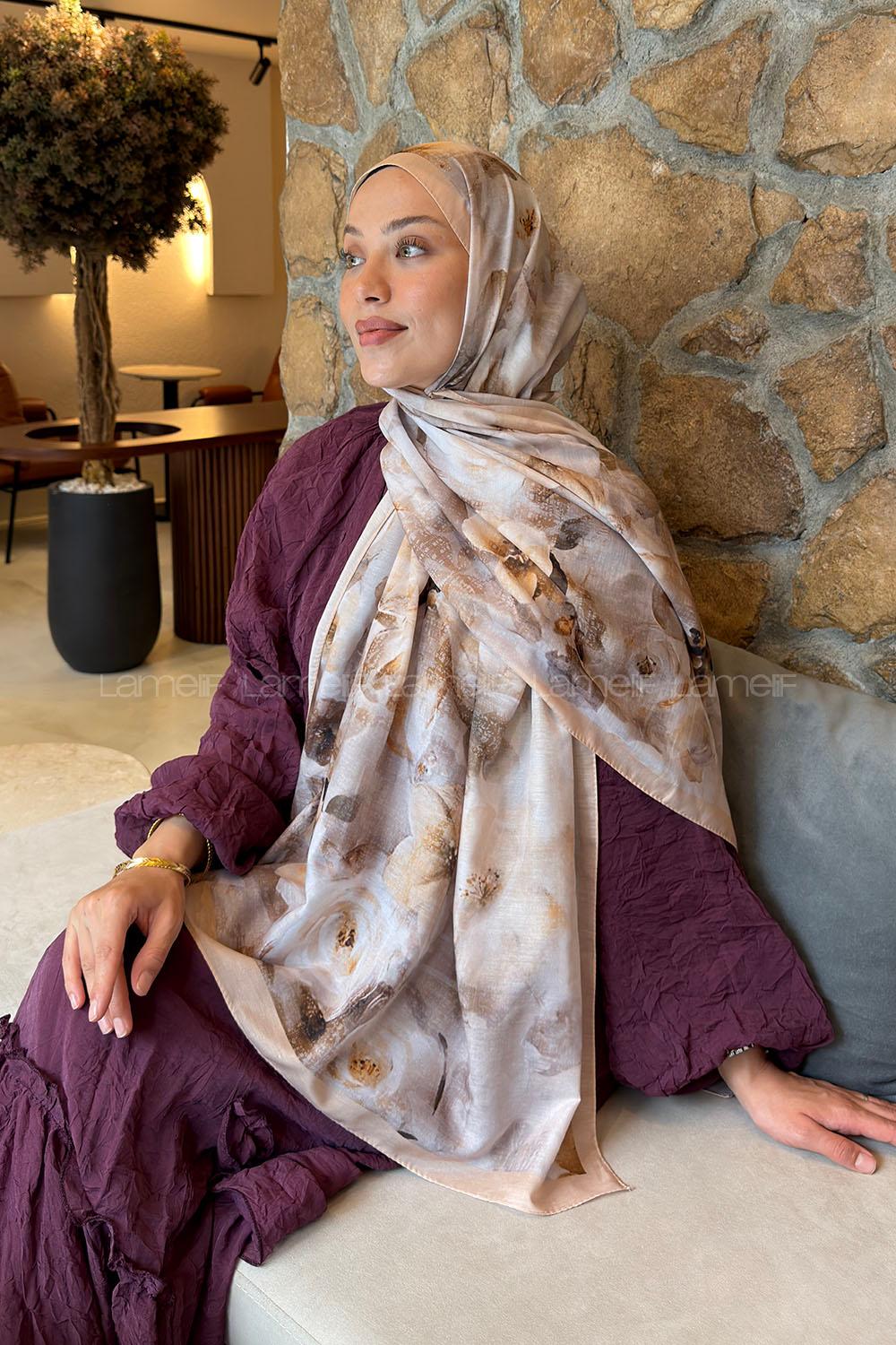 Lamelif Zambak Desen Lara Soft Şal Camel