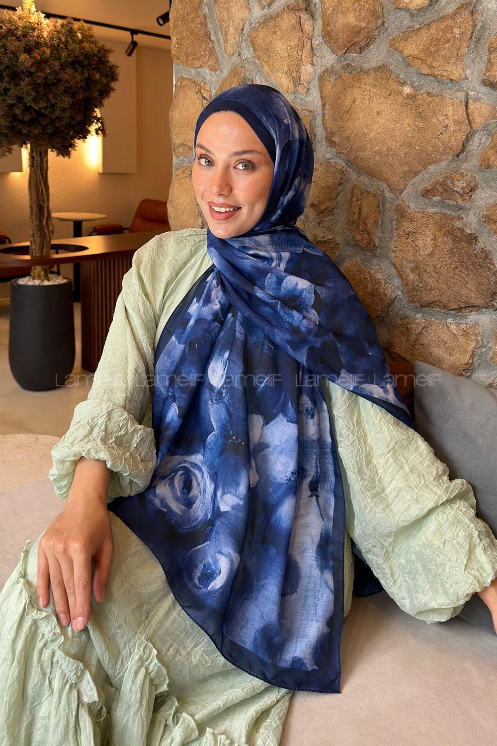 Lamelif Zambak Desen Lara Soft Şal Lacivert