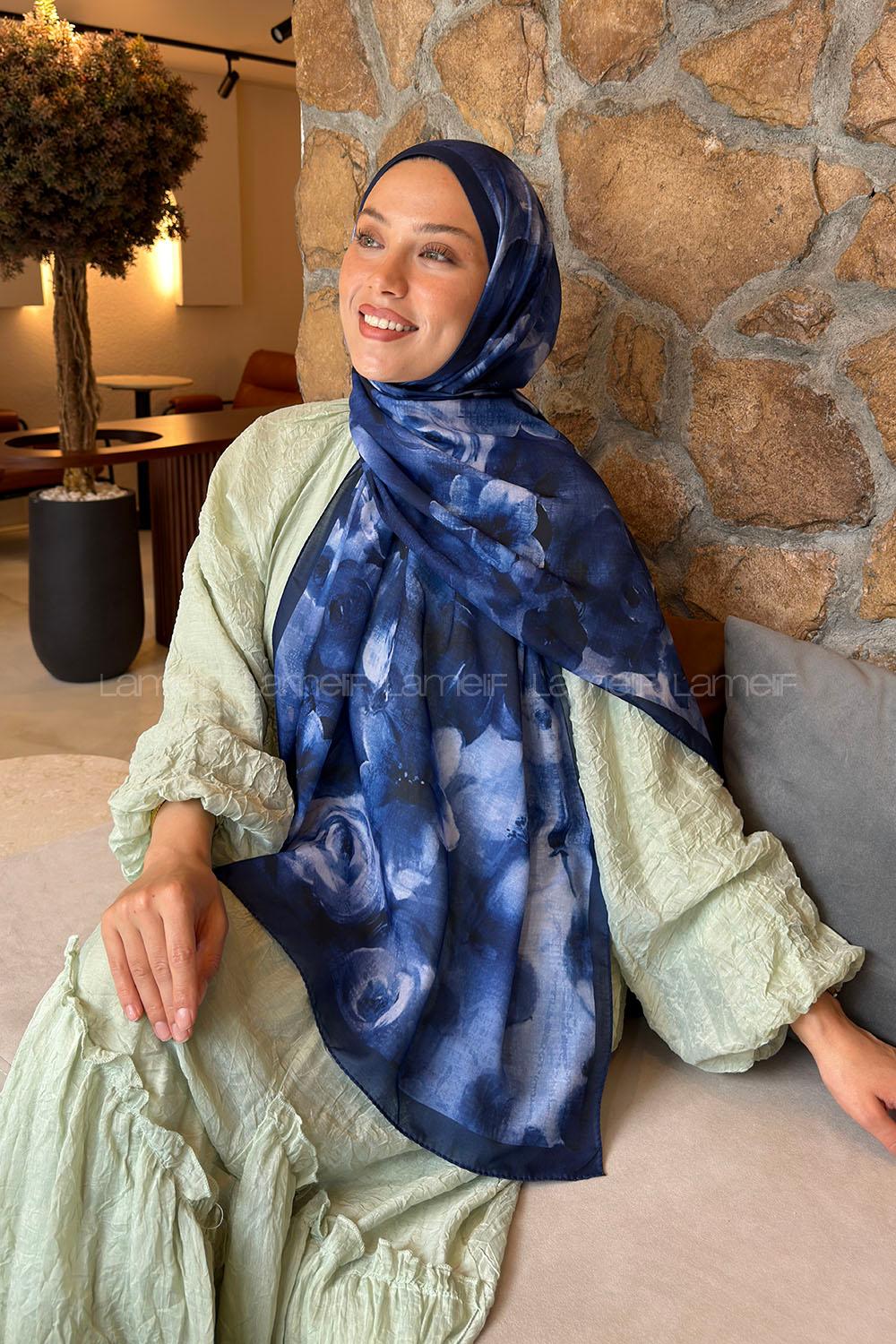 Lamelif Zambak Desen Lara Soft Şal Lacivert