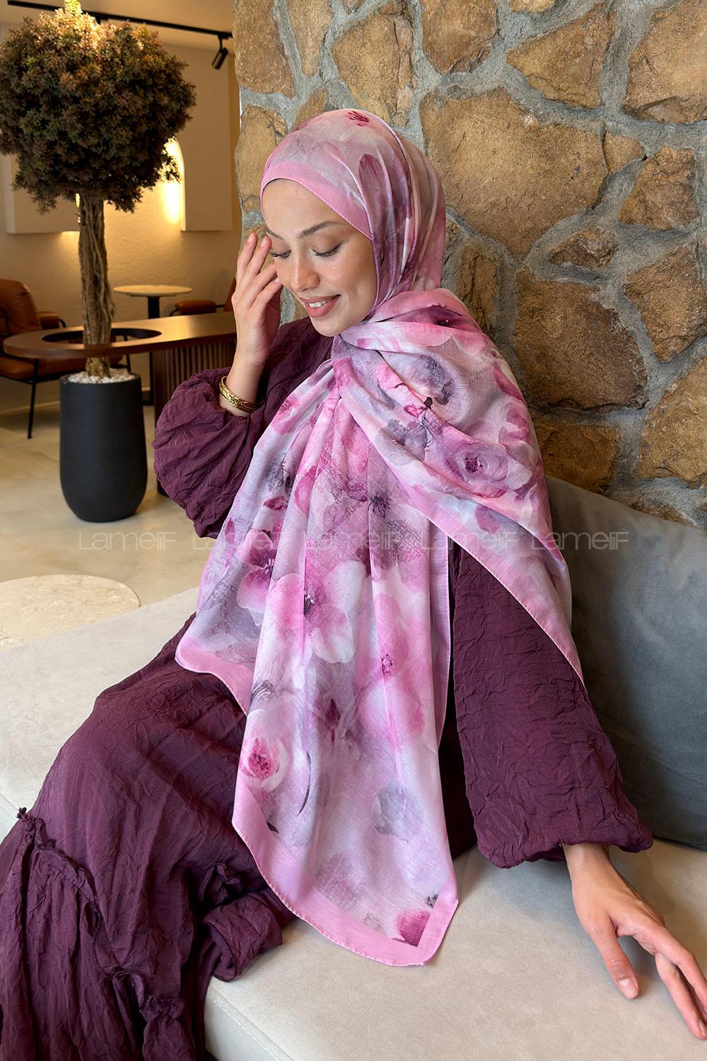 Lamelif Zambak Desen Lara Soft Şal Şeker Pembe