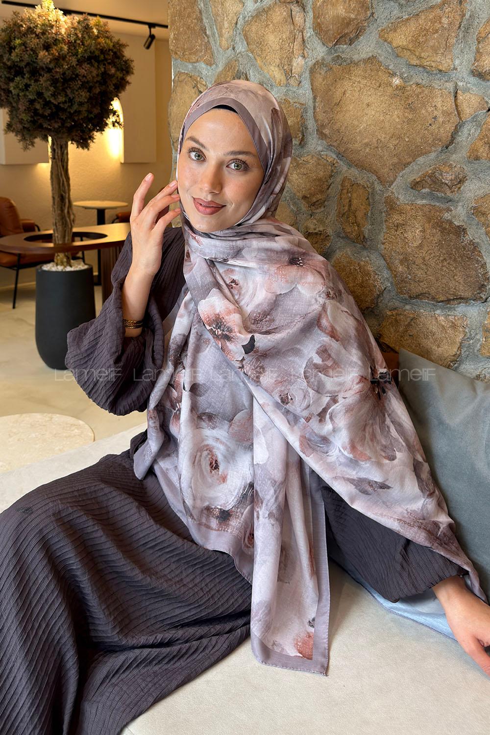 Lamelif Zambak Desen Lara Soft Şal Soft Kahve