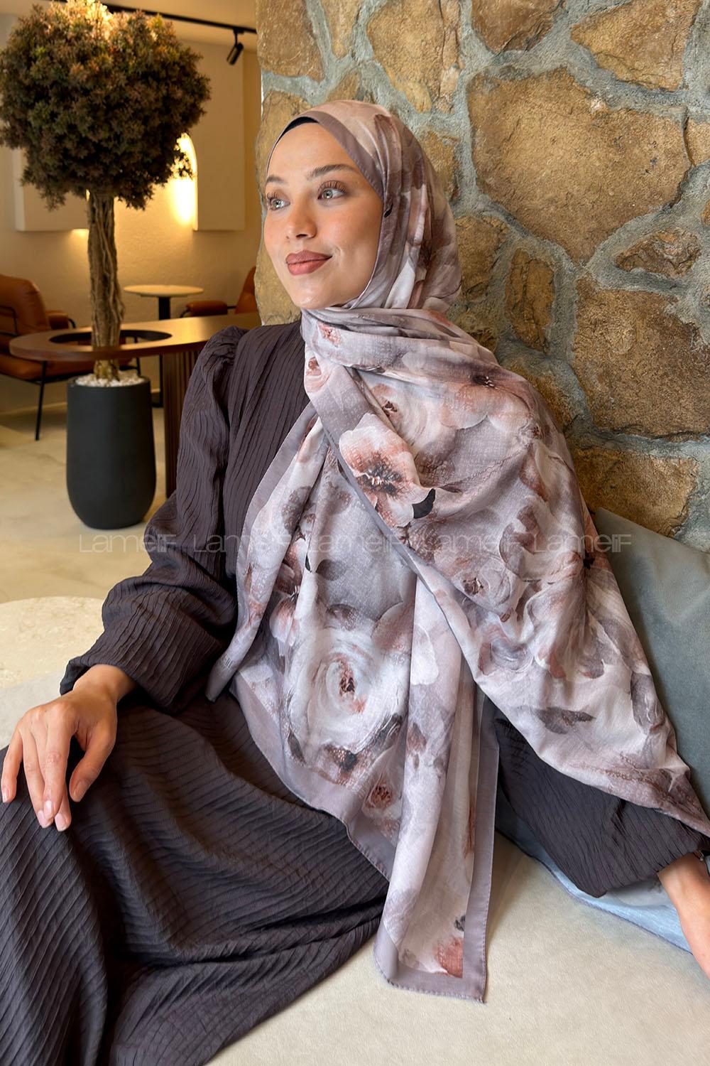 Lamelif Zambak Desen Lara Soft Şal Soft Kahve