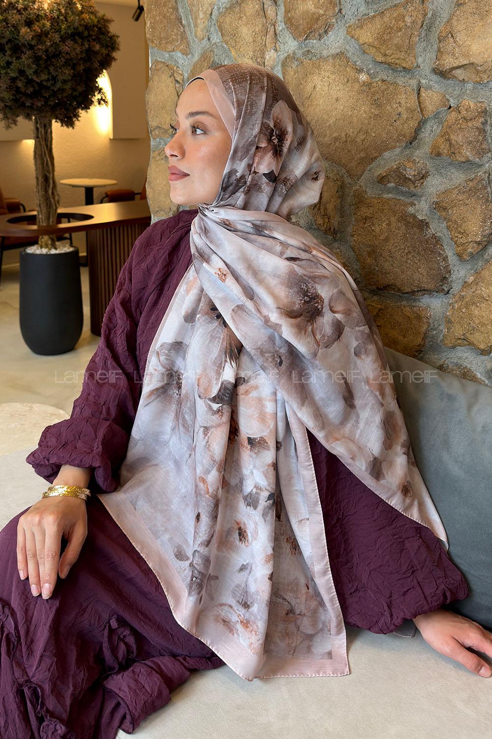 Lamelif Zambak Desen Lara Soft Şal Vizon