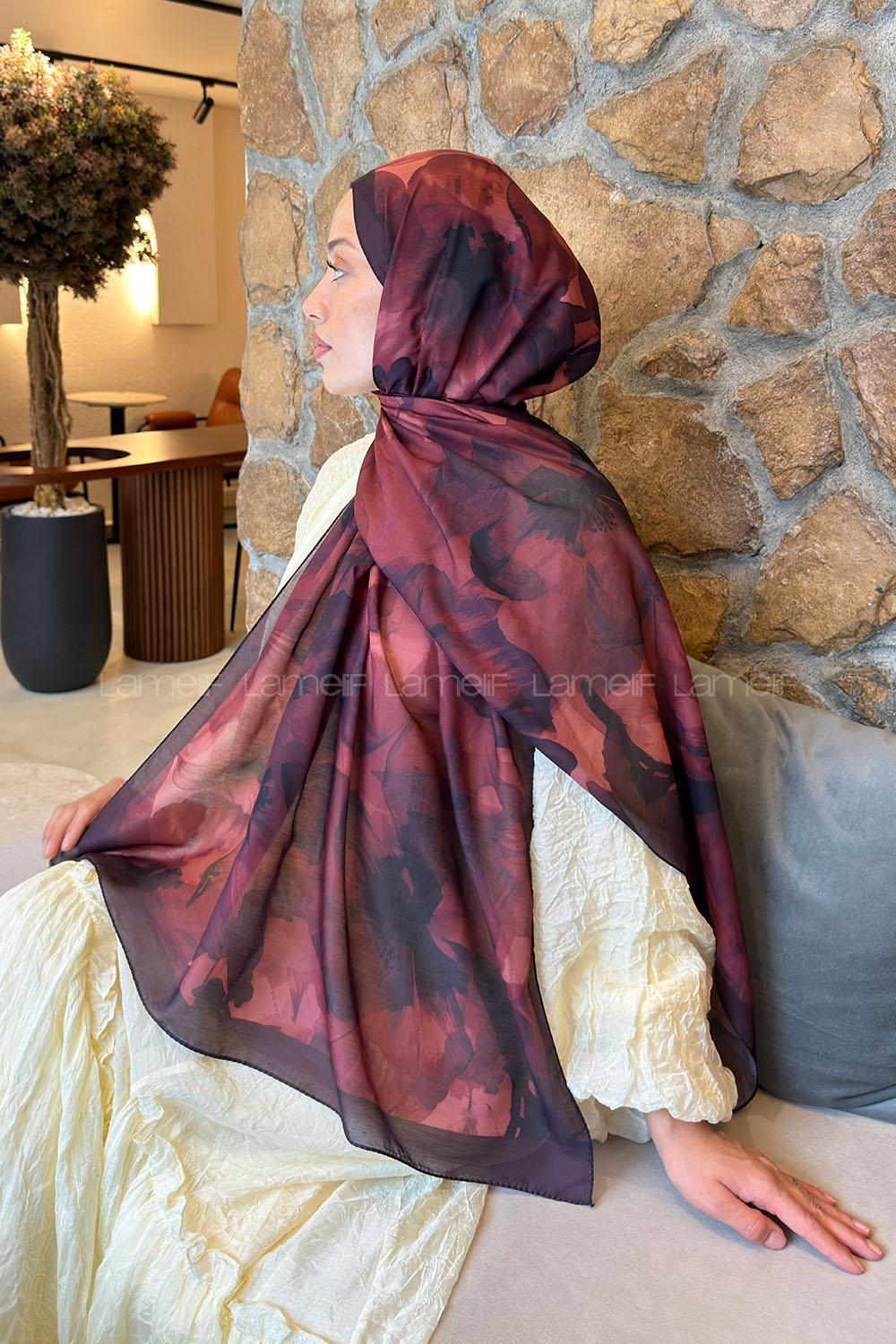 Lamelif Çiçek Desen Lara Soft Şal Bordo